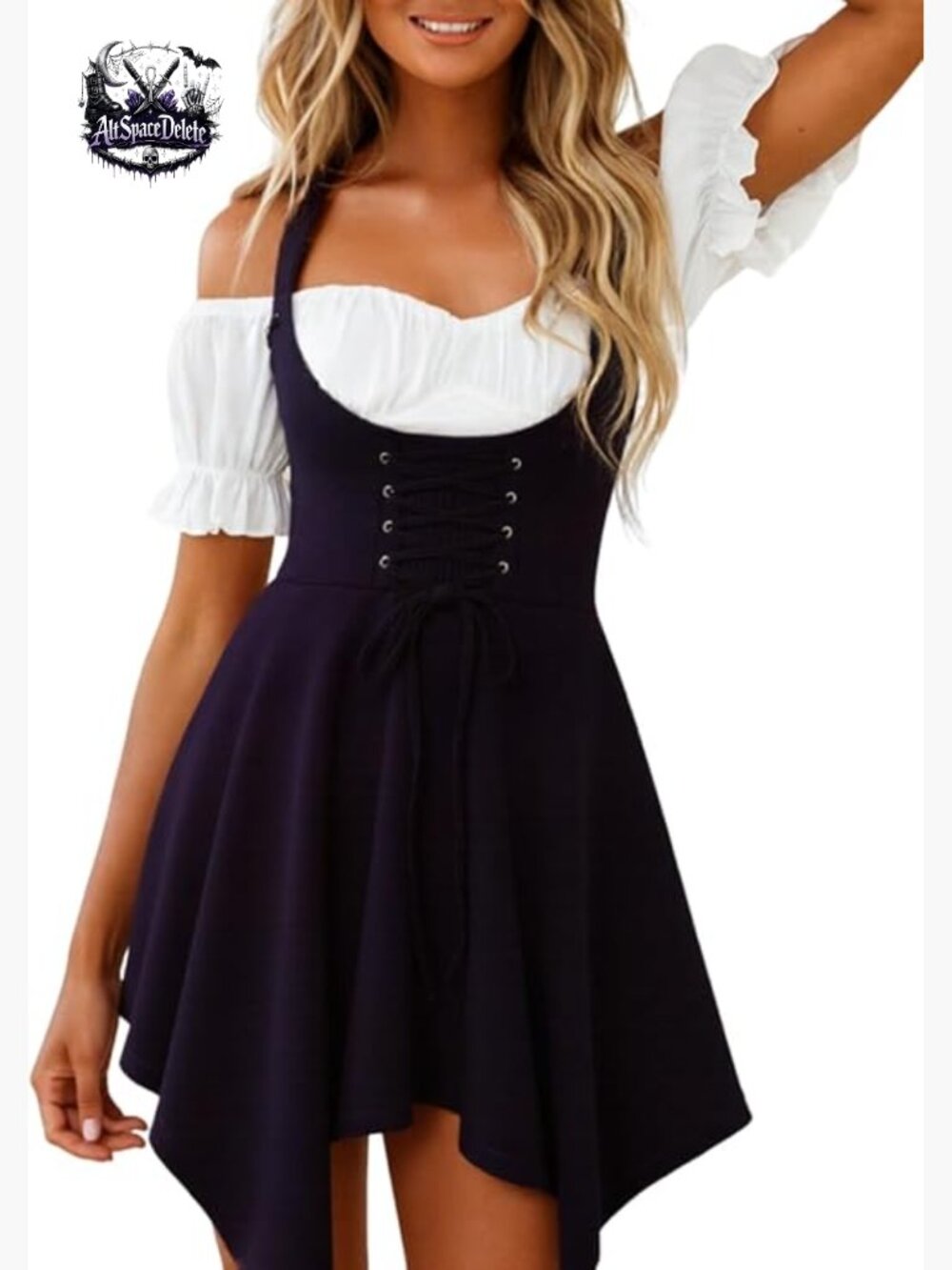 High Waist Flared Skater Suspender Skirt, Polyester Rayon, Adjustable Halter